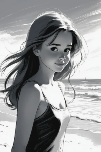 girl on the dune,beach background,beachgoer,margaery,seaside daisy,beachcomber,penciling,sketching,beach walk,seashore,cooldown,piddling,underpainting,beach scenery,seaside,sand rose,on the shore,girl drawing,practise,the sea maid,Illustration,Black and White,Black and White 08