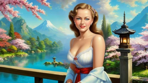 retro pin up girl,landscape background,maureen o'hara - female,pin-up girl,springtime background,retro pin up girls,spring background,girl on the river,pin up girl,fantasy picture,japanese sakura background,photo painting,the blonde in the river,valentine day's pin up,marylyn monroe - female,connie stevens - female,anarkali,girl in a long dress,world digital painting,art painting