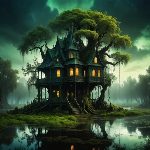 tree house,witch house,witch's house,house in the forest,treehouses,treehouse,the haunted house,house silhouette,tree house hotel,haunted house,house with lake,dreamhouse,lonely house,forest house,creepy house,crooked house,blackmoor,fantasy picture,little house,ghost castle,Art,Classical Oil Painting,Classical Oil Painting 16