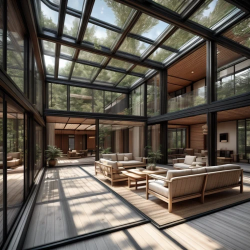 sunroom,glass roof,conservatory,luxury home interior,interior modern design,atriums,skylights,glass wall,conservatories,glass panes,revit,structural glass,3d rendering,loft,daylighting,forest house,glasshouse,snohetta,amanresorts,modern living room