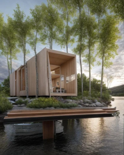 house by the water,floating huts,house with lake,houseboat,cube stilt houses,boat house,inverted cottage,arkitekter,houseboats,stilt house,timber house,3d rendering,wooden sauna,wooden house,stilt houses,boathouses,summer house,small cabin,summer cottage,snohetta,Common,Common,Photography