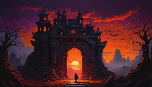 castlevania,shadowgate,ghost castle,haunted castle,witch's house,haunted cathedral,halloween background,portal,castle of the corvin,ravenloft,house silhouette,necropolis,magorium,hall of the fallen,iron gate,the haunted house,witch house,fairy tale castle,knight's castle,halloween illustration,Conceptual Art,Fantasy,Fantasy 15