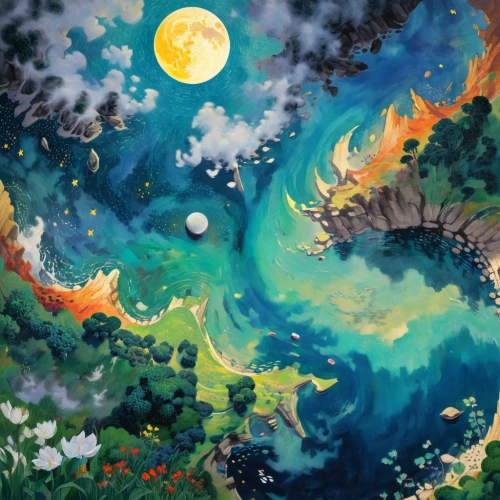 lunar landscape,koi pond,ponyo,koi,studio ghibli,koi fish,moon and star background,yinyang,moonscapes,lunar,moon in the clouds,hoenn,space art,world digital painting,okami,kanto,stars and moon,amano,sun and moon,moon and star,Conceptual Art,Daily,Daily 31