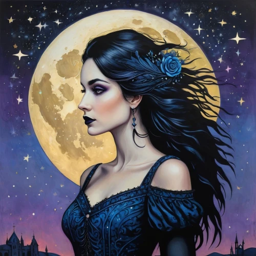 blue moon rose,queen of the night,selene,fantasy portrait,moon phase,gothic woman,lady of the night,morgana,hecate,blue moon,luna,moonchild,fantasy art,purple moon,arwen,fantasy woman,behenna,moon and star background,persephone,blue enchantress,Photography,General,Fantasy