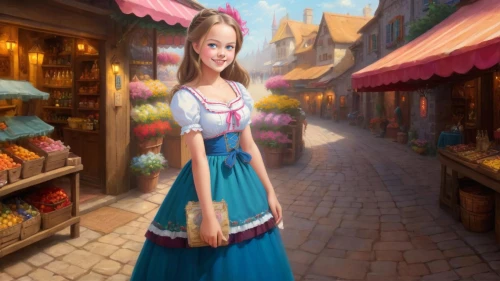 dirndl,townsfolk,malon,innkeeper,townscapes,merchant,shopkeeper,belle,gretel,girl with bread-and-butter,medieval street,girl in a long dress,eilonwy,fairy tale character,fantasy picture,fantasyland,rapunzel,world digital painting,marketplace,proprietress