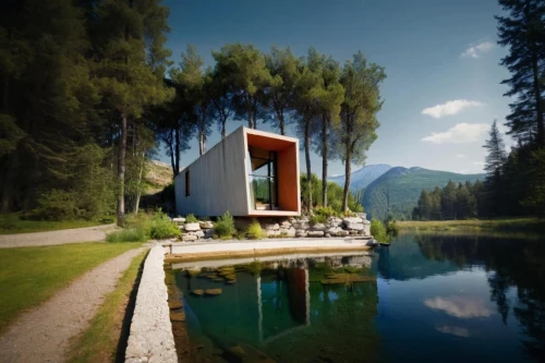 house with lake,zumthor,inverted cottage,mirror house,cubic house,summer house,corten steel,house by the water,house in the mountains,pool house,house in mountains,the cabin in the mountains,snohetta,holiday home,timber house,wooden house,amanresorts,small cabin,lefay,chalet