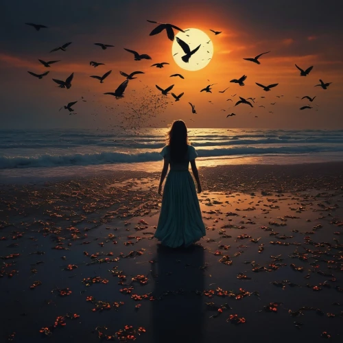 dark beach,the endless sea,woman silhouette,walk on the beach,fantasy picture,flightless bird,daybreak,enchantment,dawning,eventide,birds of the sea,mermaid silhouette,dreamscapes,deviantart,the wind from the sea,amanecer,undertow,the night of kupala,sea birds,tramonto,Conceptual Art,Daily,Daily 02