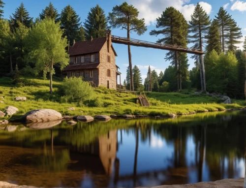 house in the forest,house with lake,house in mountains,landscape background,northern black forest,water mill,house in the mountains,home landscape,summer cottage,the cabin in the mountains,background view nature,watermill,forest house,old mill,wooden bridge,hanging bridge,idyllic,nature background,beautiful landscape,finnish forest,Photography,General,Realistic