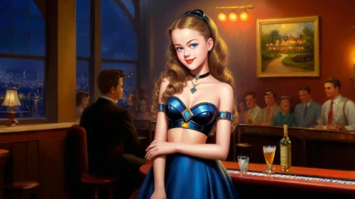 cigarette girl,piano bar,woman at cafe,pianist,piano player,barmaid,blues and jazz singer,retro pin up girl,jazz singer,waitress,girl in a long dress,harpist,bartender,pin-up girl,pin up girl,collingsworth,world digital painting,croupier,blue rose near rail,proprietress