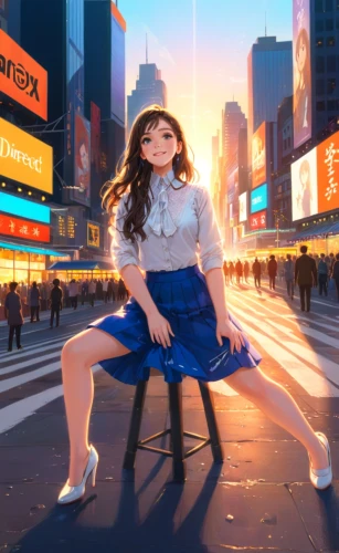 alita,world digital painting,girl sitting,time square,pedestrian,city trans,a pedestrian,broadway,cityzen,new york streets,fashionable girl,city lights,anime 3d,citylights,cosmogirl,idealizes,manhattan,moonwalked,girl in a long,wonder woman city,Anime,Anime,Traditional