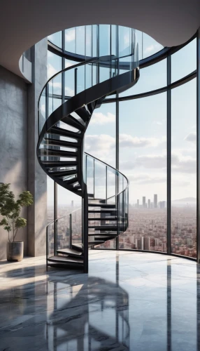penthouses,skywalks,sky apartment,glass wall,structural glass,3d rendering,spiral staircase,the observation deck,spiral stairs,circular staircase,futuristic architecture,steel stairs,lofts,observation deck,balustrades,skybridge,outside staircase,glass facade,block balcony,winding staircase,Art,Artistic Painting,Artistic Painting 31