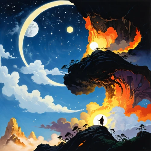 fire background,badland,fire mountain,firefall,moon and star background,fire planet,volcanic,scorched earth,dusk background,volcanic landscape,burning earth,mushroom landscape,campfire,lava,game illustration,starbound,forest fire,firelight,moonrise,wildfire,Illustration,Children,Children 01