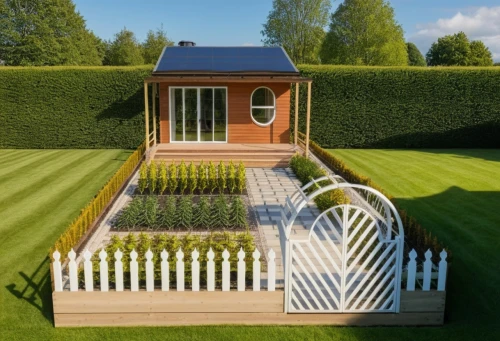 grass roof,garden fence,garden elevation,inverted cottage,clipped hedge,landscaped,greenhut,weatherboarded,lawn,hedges,green lawn,miniature house,garten,cut the lawn,golf lawn,garden maintenance,garden shed,pergola,wooden decking,hedge,Photography,General,Realistic