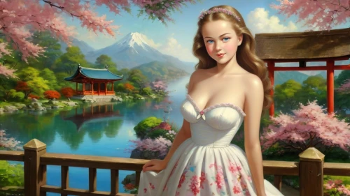 landscape background,japanese sakura background,japanese woman,oriental painting,kisling,yiping,the cherry blossoms,springtime background,haiping,liangying,oriental girl,zuoying,fantasy picture,yanzhao,art painting,jianying,oriental princess,girl on the river,yuanying,cheongsam