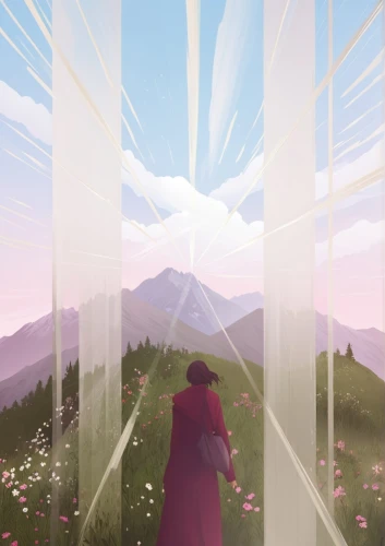 the horizon,cosmos field,horizons,mirror in the meadow,blooming field,distant vision,mountain flower,distant,mountain sunrise,backgrounds,wanderer,summer solstice,the spirit of the mountains,field of flowers,exploration,thatgamecompany,journey,pilgrimage,beacon,schierke,Illustration,Japanese style,Japanese Style 08