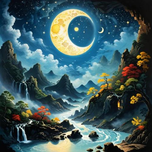 lunar landscape,fantasy landscape,moonlit night,fantasy picture,moon valley,starry night,moon and star background,valley of the moon,night scene,moonscapes,cartoon video game background,dreamscapes,fantasy art,moonlit,mountain scene,paisaje,moonscape,mountainous landscape,landscape background,mid-autumn festival,Illustration,Retro,Retro 24