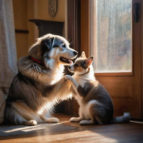 dog - cat friendship,dog and cat,samen,tenderness,companionship,affection,first kiss,cat love,pluess,best friends,buddies,calin,cat lovers,lovingly,petcare,old couple,mother and son,protector,togetherness,tendre,Photography,General,Natural
