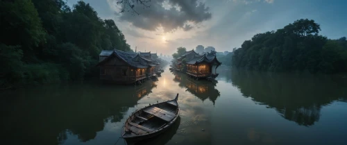 houseboats,floating huts,boat landscape,houseboat,wuzhen,suzhou,house by the water,house with lake,floating on the river,narrowboats,fantasy picture,stilt houses,old wooden boat at sunrise,shaoxing,reflection in water,wooden boat,inle,tranquility,row boat,row boats