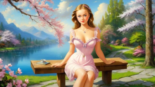 springtime background,spring background,fantasy picture,japanese sakura background,girl in a long dress,photo painting,landscape background,world digital painting,girl on the river,girl in the garden,girl in flowers,girl with tree,dressup,art painting,fantasy art,ninfa,fairy tale character,woman sitting,sakura background,pink magnolia