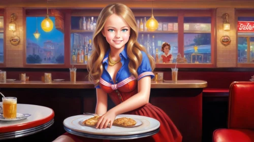 waitress,retro diner,woman at cafe,barmaid,cigarette girl,diner,hostess,woman drinking coffee,girl with bread-and-butter,bartender,soda shop,woman holding pie,coffeeshop,waitresses,girl with cereal bowl,fuddruckers,luncheonette,soda fountain,barmaids,paris cafe