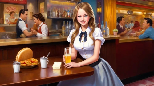 waitress,soda fountain,barmaid,maidservant,woman at cafe,retro diner,hostess,usherette,soda shop,waitresses,bartender,girl in the kitchen,ice cream parlor,girl with bread-and-butter,proprietress,salesgirl,girl with cereal bowl,star kitchen,cigarette girl,doll kitchen