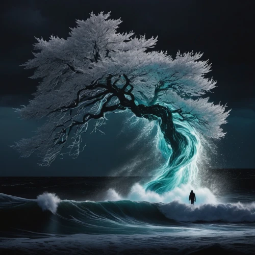 sea storm,the wind from the sea,tidal wave,poseidon,fantasy picture,patronus,god of the sea,magic tree,bioluminescent,tsunami,photo manipulation,isolated tree,force of nature,photomanipulation,lone tree,ocean background,stormy sea,stormed,big wave,fathom,Photography,Fashion Photography,Fashion Photography 14