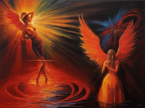 archangels,fire angel,angel and devil,oil painting on canvas,the annunciation,annunciation,pentecostalist,beltane,samuil,angelology,renacimiento,icarus,heaven and hell,transfiguration,fire dance,dancing flames,pheonix,archangel,angelfire,the archangel,Illustration,Realistic Fantasy,Realistic Fantasy 32