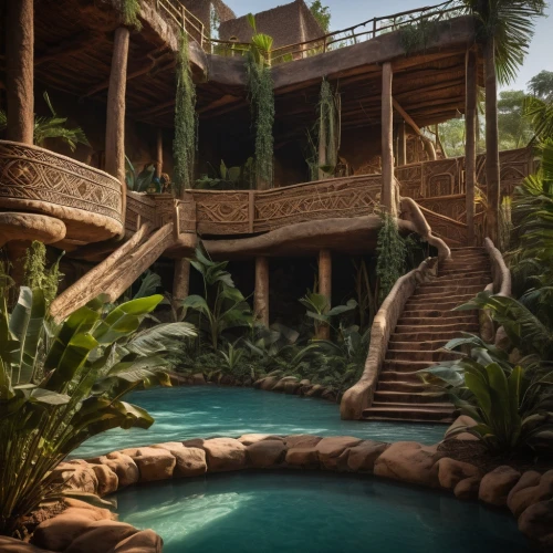 tropical house,tropical island,tropical jungle,dorne,riad,gondwanaland,hacienda,neotropical,underwater oasis,polyneices,uncharted,amazonica,anantara,oasis,resort,tropicale,pool house,water stairs,tropical forest,jungle,Photography,General,Fantasy
