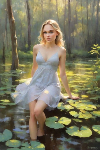 the blonde in the river,girl on the river,water nymph,ophelia,oil painting,oil painting on canvas,heatherley,kupala,donsky,fantasy picture,world digital painting,immersed,white water lilies,wading,mystical portrait of a girl,photo painting,floating on the river,winslet,rusalka,tymoshenko,Digital Art,Impressionism