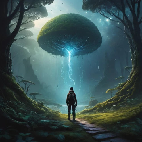 mushroom landscape,sci fiction illustration,fantasy picture,wayfinder,the mystical path,ufo,world digital painting,psychonauts,tree mushroom,the path,interdimensional,forest mushroom,otherworld,aaaa,nidularium,blue mushroom,the wanderer,druidic,mushroom island,alien world,Conceptual Art,Sci-Fi,Sci-Fi 25