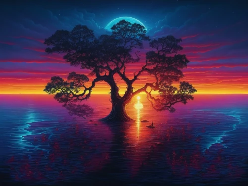 colorful tree of life,magic tree,fantasy picture,nature background,tree of life,nature wallpaper,lone tree,painted tree,landscape background,isolated tree,fantasy landscape,dreamscape,evening lake,incredible sunset over the lake,nature landscape,beautiful wallpaper,fractals art,colorful background,dreamscapes,splendid colors,Illustration,Realistic Fantasy,Realistic Fantasy 25
