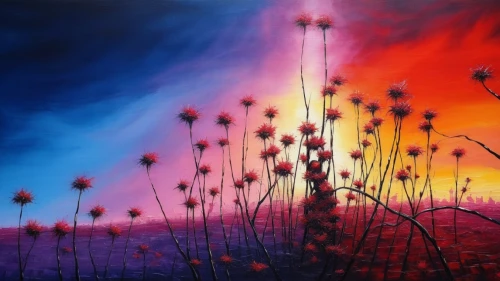 flower in sunset,flower painting,purple landscape,cosmos field,fireweed,sunbursts,splendor of flowers,cosmos autumn,oriflamme,sundew,flowerful desert,volcanic landscape,dreamscapes,fire flower,fireworks art,passion bloom,meadow in pastel,fineart,oil painting on canvas,paintbrushes,Illustration,Realistic Fantasy,Realistic Fantasy 25