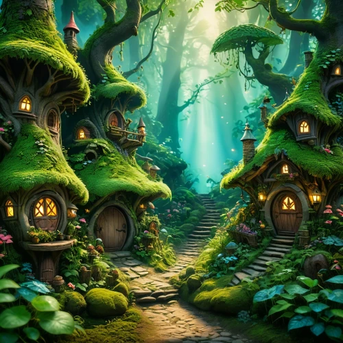 fairy village,fairy forest,fairy house,mushroom landscape,fairytale forest,fairy world,elven forest,cartoon forest,enchanted forest,elves country,house in the forest,fairyland,cartoon video game background,fantasy landscape,forest path,moss landscape,fairy door,green forest,fantasy picture,treehouses,Photography,General,Fantasy