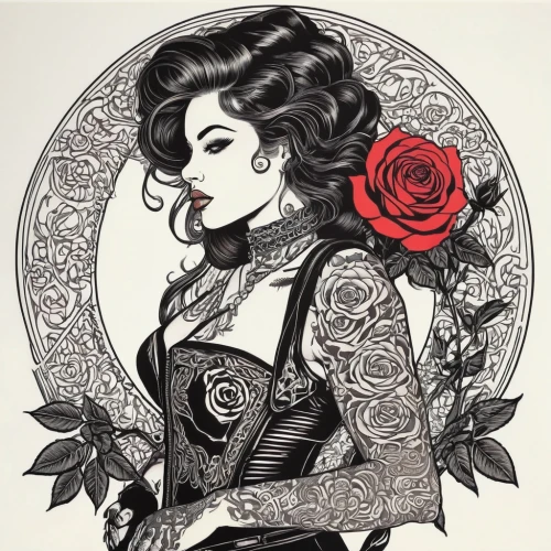 valentine pin up,baroness,rosson,valentine day's pin up,chicanas,chicana,rockabilly style,rose drawing,rockabilly,watercolor pin up,black rose,viveros,tattoo girl,countess,geisha girl,porcelain rose,rose flower illustration,victorian lady,queen of hearts,rockabella,Illustration,Black and White,Black and White 19