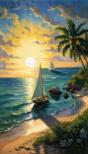 beach landscape,tropical sea,coastal landscape,sea landscape,beach scenery,sailboat,seascape,landscape background,landscape with sea,sunrise beach,sail boat,sailing boat,south pacific,sunset beach,tropical beach,sailboats,oil painting on canvas,sun and sea,oil painting,an island far away landscape,Art,Classical Oil Painting,Classical Oil Painting 15