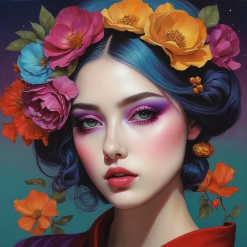 fantasy portrait,digital painting,flower painting,colorful floral,persephone,geisha girl,girl in flowers,world digital painting,rose flower illustration,viveros,flora,flower fairy,flower girl,geisha,fantasy art,beautiful girl with flowers,colorful roses,passionflower,romantic portrait,cherry flower,Illustration,Realistic Fantasy,Realistic Fantasy 07