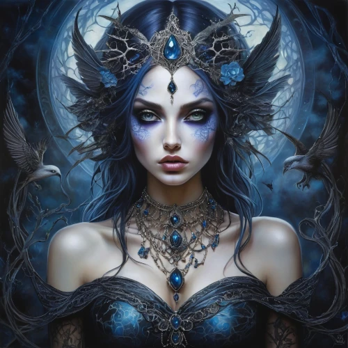 blue enchantress,demoness,the enchantress,fantasy art,hecate,enchantress,sorceress,faerie,priestess,fantasy portrait,dark elf,hekate,queen of the night,faery,fantasy woman,sorceresses,fairy queen,moonsorrow,mystical portrait of a girl,fantasy picture,Illustration,Abstract Fantasy,Abstract Fantasy 14