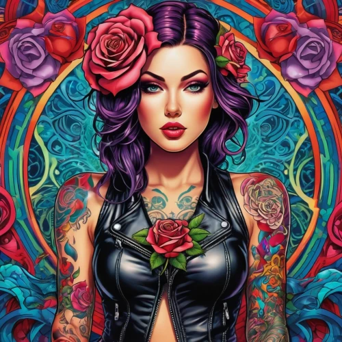 baroness,viveros,tattoo girl,chicanas,chicana,bella rosa,purple rose,rosson,femme fatale,tattooist,rosa,widow flower,rosa bonita,boho art,peace rose,rosa peace,roses,rose flower illustration,liliana,colorful roses,Illustration,Realistic Fantasy,Realistic Fantasy 39