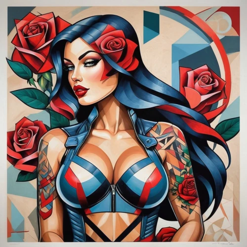 baroness,viveros,tattoo girl,chicana,watercolor pin up,chicanas,valentine pin up,rockabilly,cool pop art,tattoo expo,valentine day's pin up,red rose,blue rose,pop art style,widow flower,harley,rockabilly style,tattooist,bodypaint,red roses,Art,Artistic Painting,Artistic Painting 45