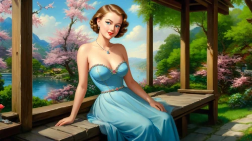 maureen o'hara - female,girl in a long dress,girl in the garden,springtime background,magnolia,pin-up girl,retro pin up girl,spring background,art deco woman,magnolias,pin up girl,jasmine blue,magnolia blossom,girl in flowers,mikimoto,pin-up model,cheongsam,woman with ice-cream,tretchikoff,art deco background