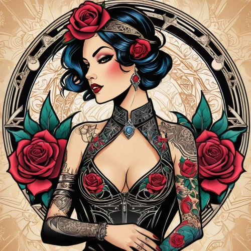 baroness,viveros,valentine pin up,rosson,tattoo girl,rockabilly style,rose flower illustration,widow flower,black rose,rosa bonita,rockabilly,chicana,red rose,victoriana,rosa ' amber cover,valentine day's pin up,bella rosa,victorian lady,porcelain rose,red roses,Illustration,Vector,Vector 16
