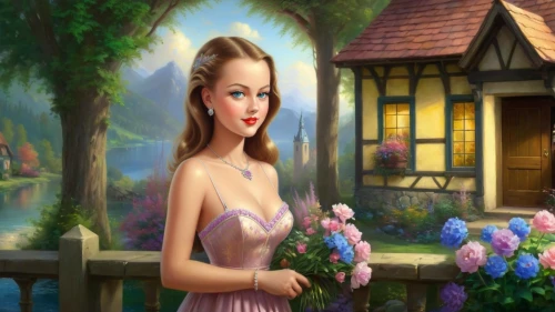 fantasy picture,fairy tale character,celtic woman,girl in the garden,world digital painting,cartoon video game background,noblewoman,ninfa,romantic portrait,romantic scene,fantasy art,thumbelina,romantic look,springtime background,landscape background,rosalinda,princess anna,rosaline,photo painting,romantic rose