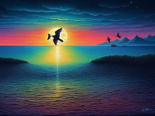 bird painting,birds of the sea,dolphin background,seascape,sea birds,dolphins,birds in flight,two dolphins,dusky dolphin,dolphin coast,orcas,dolphins in water,flying birds,pelicans,wyland,seabirds,sea swallow,bird flight,birds flying,sea landscape,Illustration,Realistic Fantasy,Realistic Fantasy 25