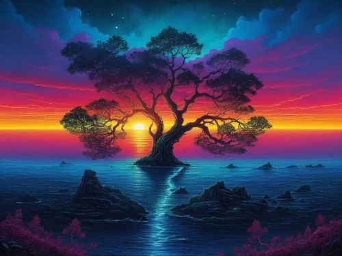 colorful tree of life,painted tree,magic tree,fantasy landscape,colorful background,fantasy picture,lone tree,isolated tree,tree of life,landscape background,an island far away landscape,nature background,purple landscape,beautiful wallpaper,world digital painting,nature landscape,background colorful,tropical tree,bonsai,fantasy art,Illustration,Realistic Fantasy,Realistic Fantasy 25