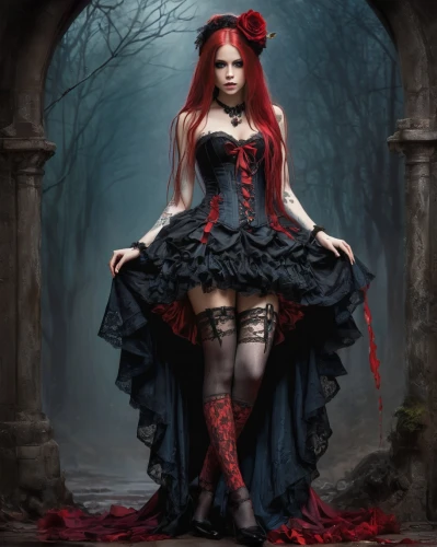 gothic woman,gothic dress,gothic style,gothic portrait,gothic,demoness,dark gothic mood,redhead doll,queen of hearts,vampyres,lilith,gothika,red riding hood,vampyre,goth woman,vampire lady,hekate,rasputina,malefic,vampire woman,Conceptual Art,Fantasy,Fantasy 34