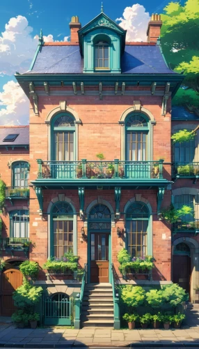 apartment house,dreamhouse,violet evergarden,an apartment,rowhouse,arrietty,apartment building,studio ghibli,townhouse,beautiful buildings,private house,machico,beautiful home,tenement,ghibli,house painting,mansard,townhome,doll's house,townhouses,Illustration,Japanese style,Japanese Style 03