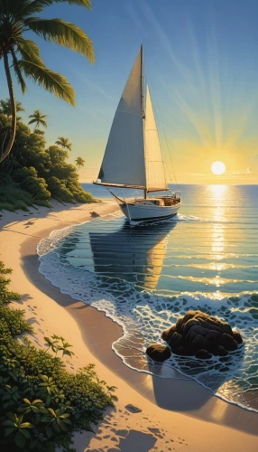 sailing boat,beach landscape,sailboat,boat landscape,sun and sea,sail boat,dream beach,tropical sea,bareboat,beautiful beach,sailing,sunrise beach,sailing boats,sailboats,landscape background,beach scenery,paradise beach,sea landscape,summer background,world digital painting,Conceptual Art,Sci-Fi,Sci-Fi 21