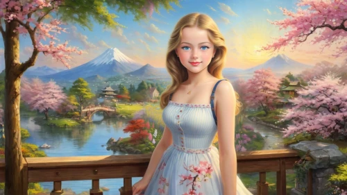 fantasy picture,landscape background,fairy tale character,springtime background,japanese sakura background,spring background,girl in flowers,photo painting,girl in a long dress,fantasy art,world digital painting,portrait background,fantasy portrait,romantic portrait,galadriel,romantic look,rapunzel,celtic woman,aerith,eilonwy