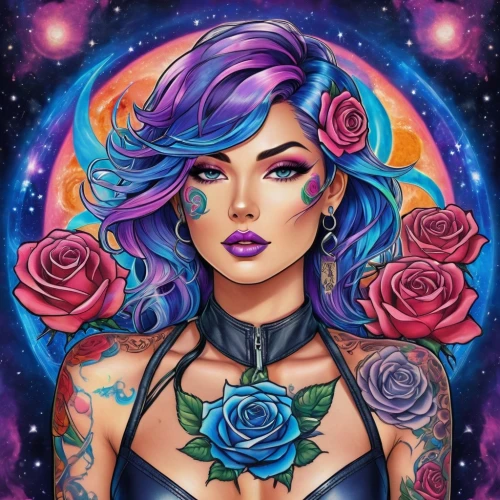 zodiac sign libra,zodiac sign gemini,sky rose,horoscope libra,cosmogirl,boho art,boho art style,cosmic flower,rose flower illustration,aquarius,zodiac sign leo,fantasy portrait,virgo,colorful roses,karou,blue moon rose,andromeda,horoscope pisces,bella rosa,astronema,Illustration,Realistic Fantasy,Realistic Fantasy 20