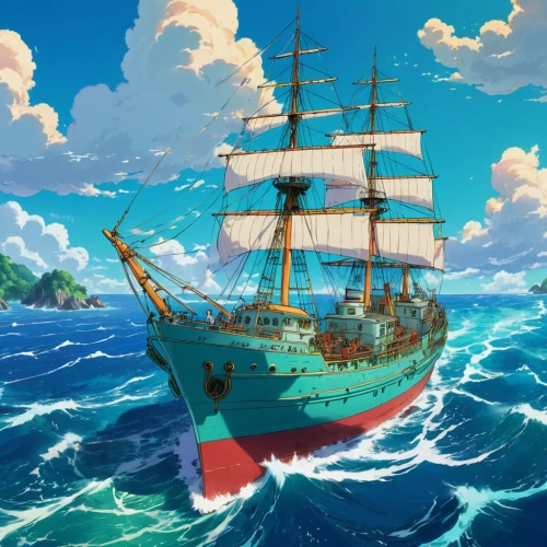 sea sailing ship,sail ship,sailing ship,galleon,caravel,pirate ship,tallship,sailing ships,commandeer,sea fantasy,merchantman,scarlet sail,skyship,three masted sailing ship,whaleship,tall ship,schoolship,frigate,sot,training ship,Illustration,Japanese style,Japanese Style 03